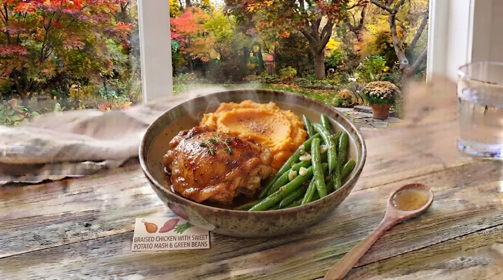 Braised Chicken with Sweet Potato Mash & Green Beans